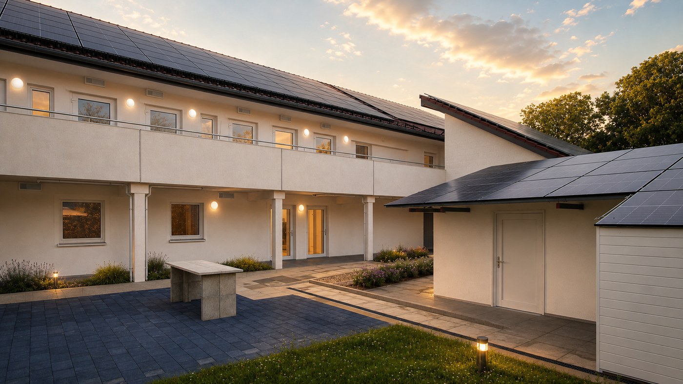 Klimawohnraum Gebäude in Abendstimmung